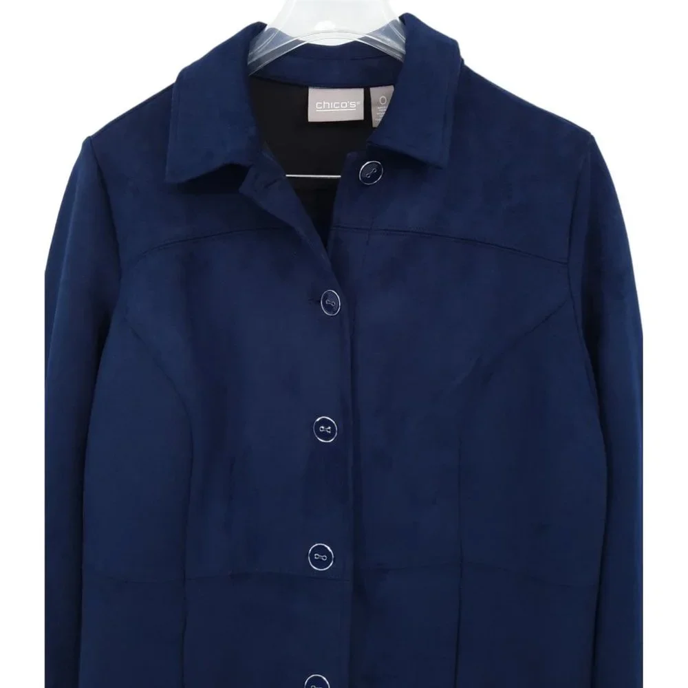 NEW Chico's Deep Navy Faux Suede Long Jacket Size 0 Small 4 Button Front Pockets_3